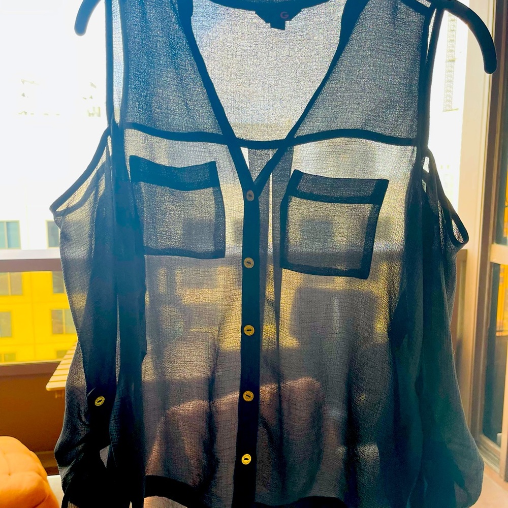 Guess Sheer Black Long Sleeve Shoulder Cut-Outs